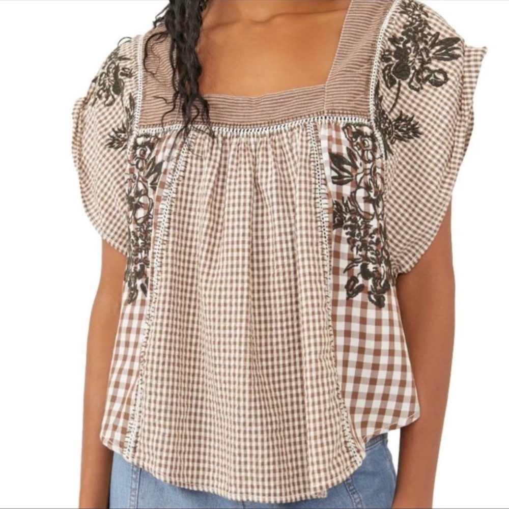 We the Free. Half Moon Brown Gingham Embroidered Women's Top